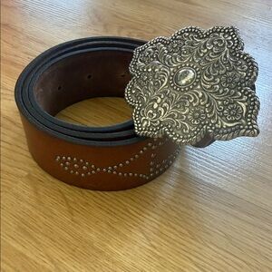 Fossil Tan Belt with Ornate Silver Buckle